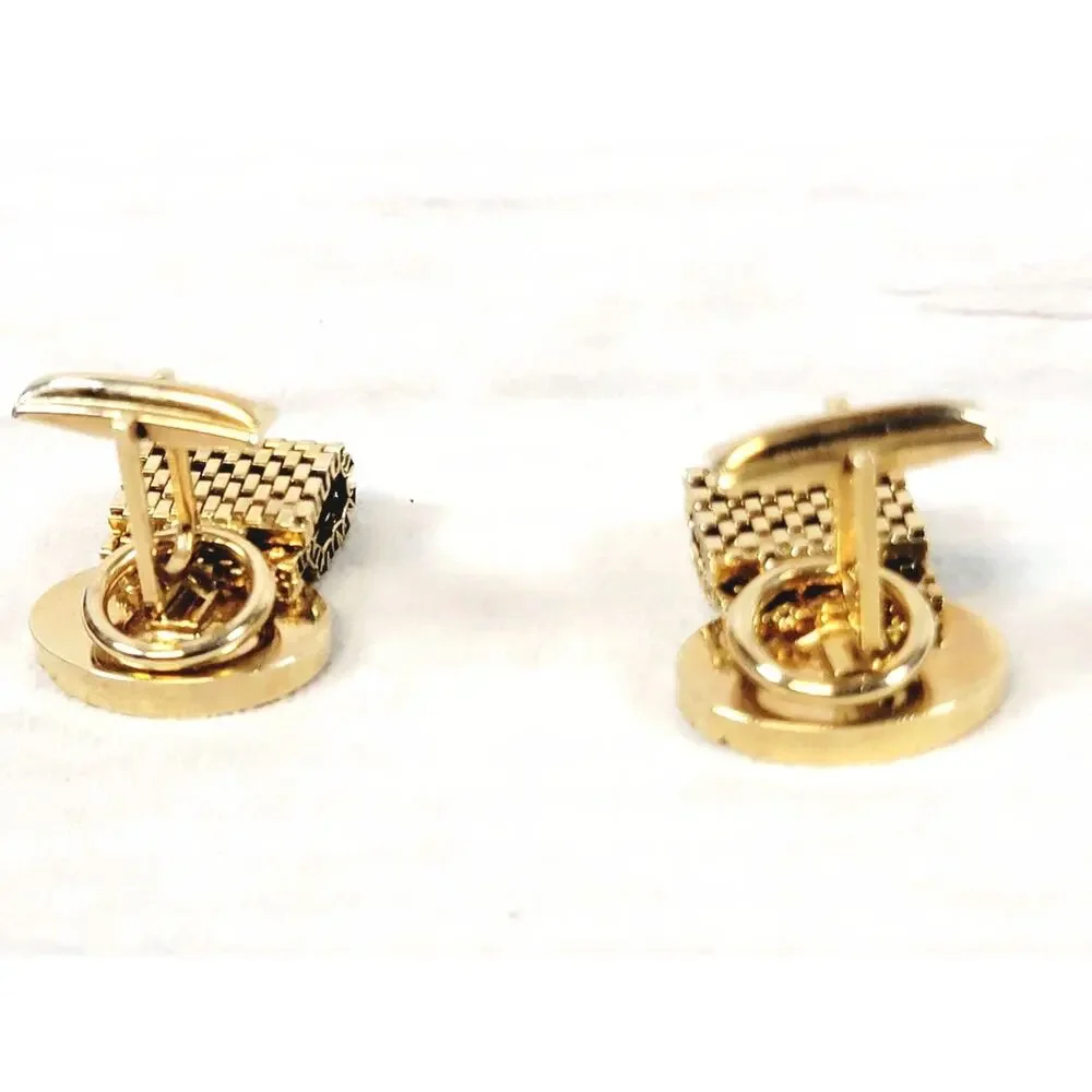 Vintage Gold Tone Round Etched CuffLinks & Classic Tie Tack Chain Clip